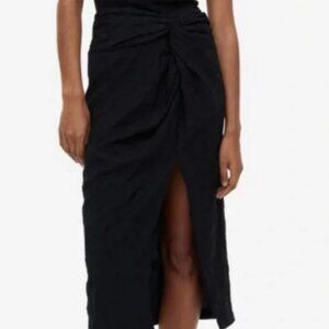 H&M Knot Detail Linen Blend Black Midi Skirt with Slit